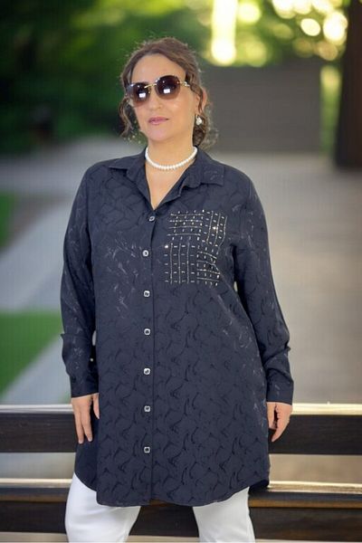 yagmurberen Stone-Embroidered Pearl Front Button Long Sleeve Oversized Jacquard Satin Shirt Tunic
