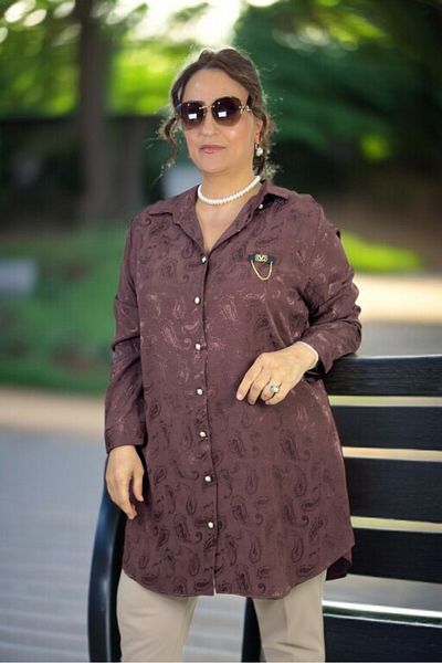 yagmurberen Pearl Front Button Long Sleeve Oversized Jacquard Satin Shirt Tunic with Chain Accessories