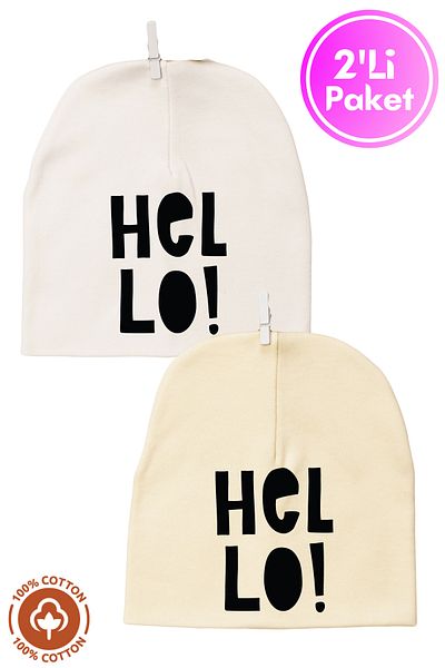 Miniel Unisex Baby Hello Printed Combed Organic Cotton Newborn 2-Piece Baby Beanie Colorful Set
