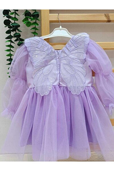 Mininaf kız çocuk doğum günü parti düğün yazlık uzun kollu tüllü kelebekli elbise