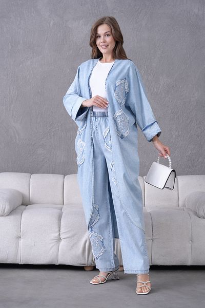 Miss Allos Women's Cardigan and Trousers Embroidered Stone Detailed Denim Kimono Cardigan and Denim Trousers Bottom Top Set