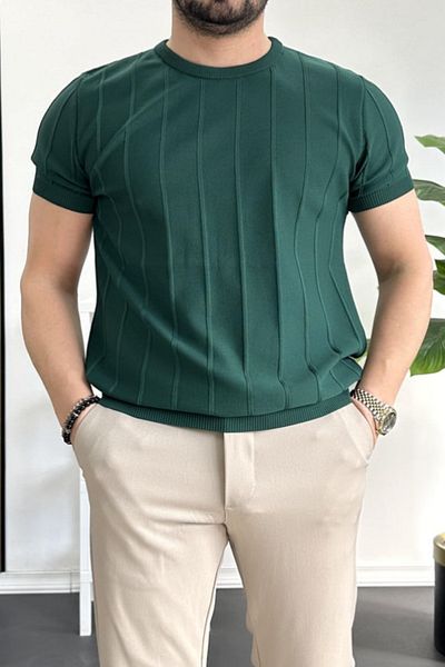 GAYIŞ Petrol Green Men's Crew Neck Knitted Knitwear T-Shirt, Khaki Men's Ribbed T-Shirt