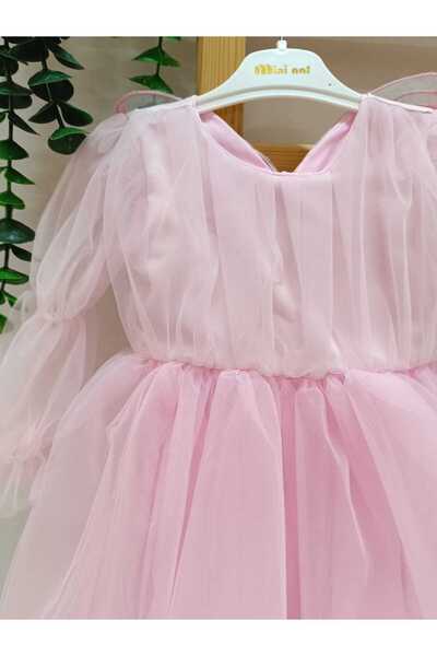Mininaf kız çocuk doğum günü parti düğün yazlık uzun kollu tüllü kelebekli elbise