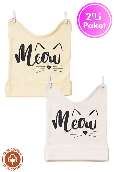 Miniel Unisex Baby Meow Printed 0-6 Months Combed Organic Cotton 2-Piece Baby Beanie Colorful Set