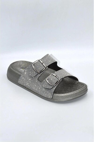 Büşra Sultan Ayakkabı & Çanta Kadın Füme Simli Ortopedik Yumuşak Tabanlı Çift Tokalı Günlük Rahat Terlik