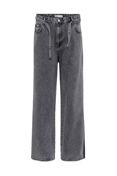 VAMOSCLO Belt Detailed Striped Baggy Jean Gray