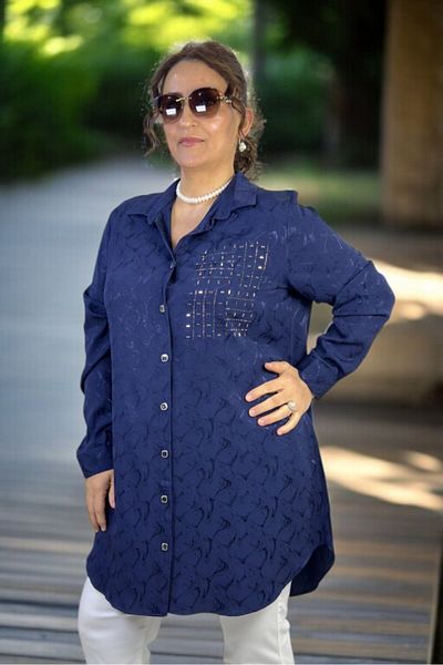 yagmurberen Stone-Embroidered Pearl Front Button Long Sleeve Oversized Jacquard Satin Shirt Tunic