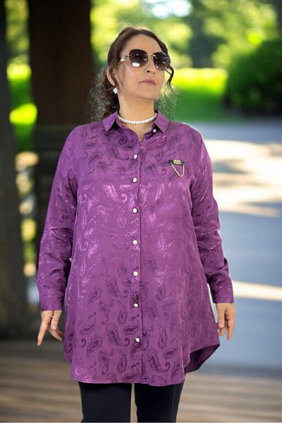 yagmurberen Pearl Front Button Long Sleeve Oversized Jacquard Satin Shirt Tunic with Chain Accessories
