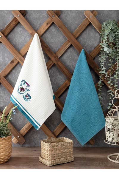 Sevim Petrol Color 2-piece Kitchen Towel - Jug Embroidered