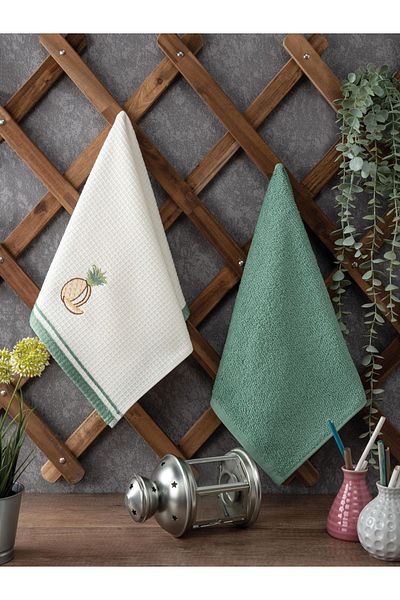 Sevim Mint Green 2-piece Kitchen Towel Set - Pineapple Embroidered Cotton Drying Cloth - 40x60 Cm