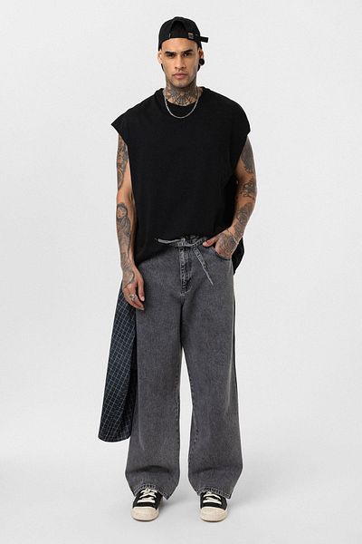 VAMOSCLO Belt Detailed Striped Baggy Jean Gray