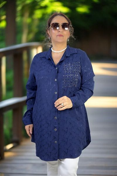 yagmurberen Stone-Embroidered Pearl Front Button Long Sleeve Oversized Jacquard Satin Shirt Tunic
