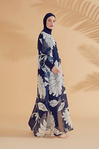 Marina Темно-синій кафтан-парео з квітами P2348