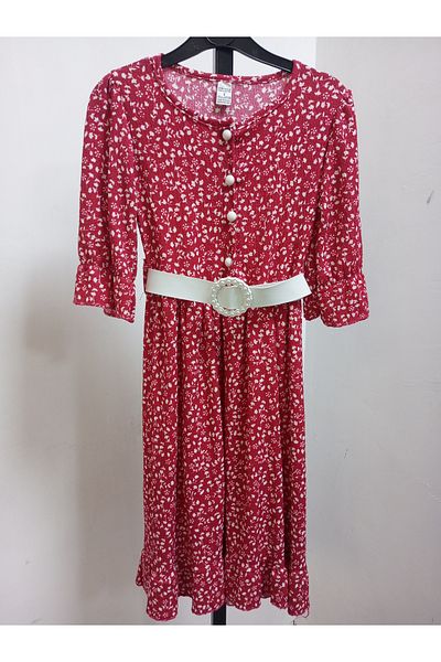 AKŞEN GİYİM Girl's Loose Lycra Twill Fabric Belted Flared Skirt Floral Dress with Ruffle Detail