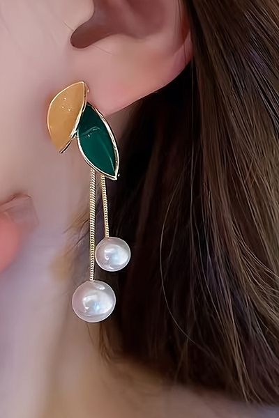 Glaren Green & Orange Enamel Leaf Detailed Pearl Dangle Gold Color Women's Earrings