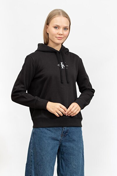 Calvin Klein Women's Black REGULAR FIT MONOLOGO Hoodie Sweatshirt