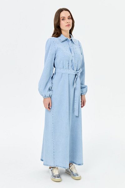 Esswaap Rochie de denim cu perle albastre