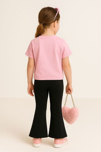 MORNİNG KİDS Girl's 3-Piece Ribbon Detailed Pink T-Shirt-Black Flared Leggings Set (No Bag Sale)