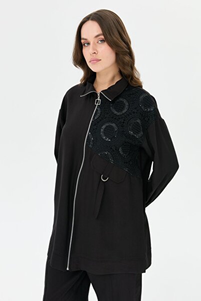 Esswaap Dantel Garnili Fermuar Kapamalı Pantolonlu Takım Siyah