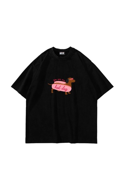 Bak Moda Hot Dog Štampano Oversize kroj Unisex crna majica