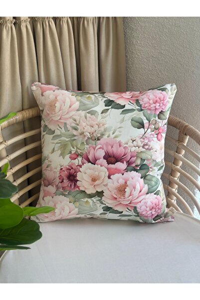 Decamor home Floral Patterned Pink Ecru Plain Throw Pillow Cover