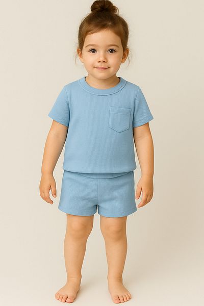 Bubito Waffle Visual Pocket Detailed Cotton Summer Baby Kids Shorts Set-Light Blue
