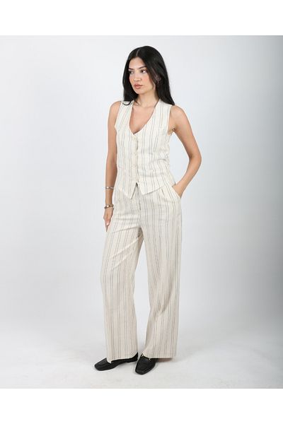 DEQ FASHION Women's Beige Black Striped Linen Vest Palazzo Trousers Double Set