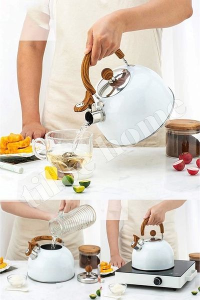 Tilbe Home Whistling Tea Kettle Nordic Wooden Water Heater Whistling Tea Pot Kettle Infuser Tea Pot 2 Liters