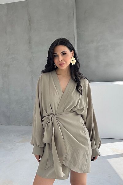 Seda Yalçın Atelier Light Khaki V-Neck Dress with Binding Detail