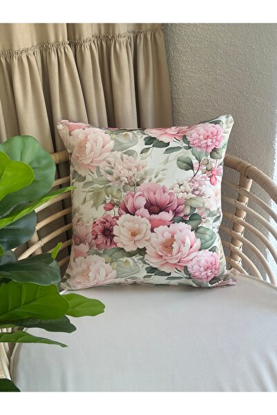 Decamor home Floral Patterned Pink Ecru Plain Throw Pillow Cover