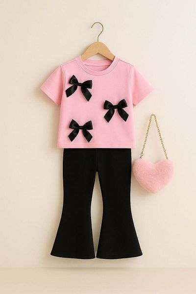 MORNİNG KİDS Girl's 3-Piece Ribbon Detailed Pink T-Shirt-Black Flared Leggings Set (No Bag Sale)