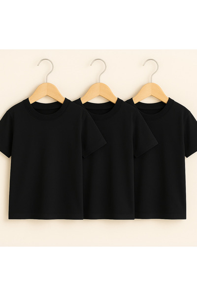 Hilal Akıncı Kids Unisex Basic Crew Neck Black 3-Piece T-Shirt