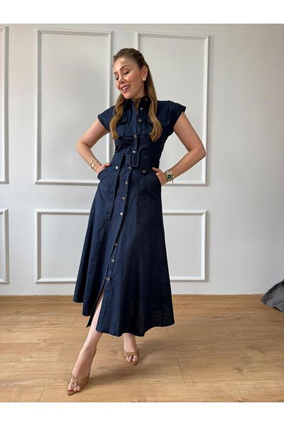 Size Özgü Rochie cu centură de buzunar bleumarin
