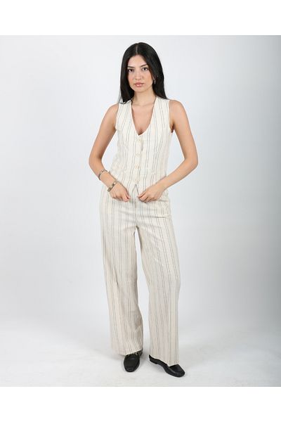 DEQ FASHION Women's Beige Black Striped Linen Vest Palazzo Trousers Double Set