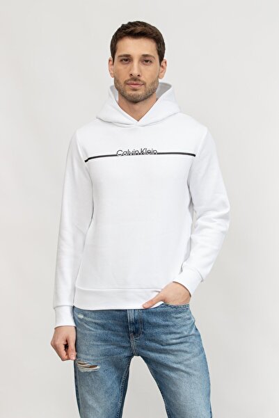 Calvin Klein Erkek Kapşonlu Yaka Regular Fit Pamuklu Uzun Kollu Beyaz Sweatshirt K10K114338-YAF