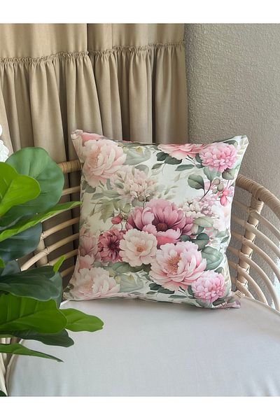 Decamor home Floral Patterned Pink Ecru Plain Throw Pillow Cover