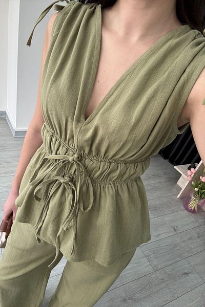 My Blog Çağla 100% Cotton Shoulder Waist Gathered Blouse Trousers Set - 8612