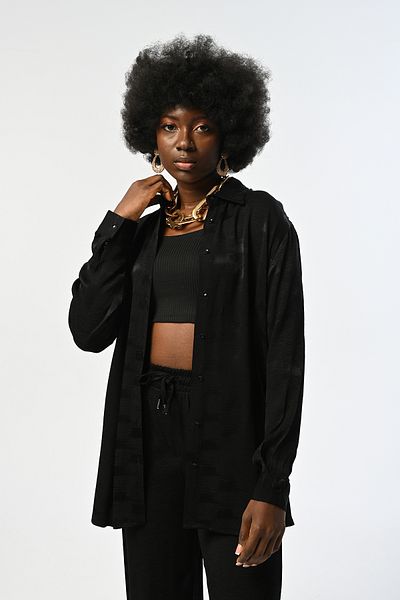Orfeo Negro Women's Patterned Black Oversize Cut Shirt
