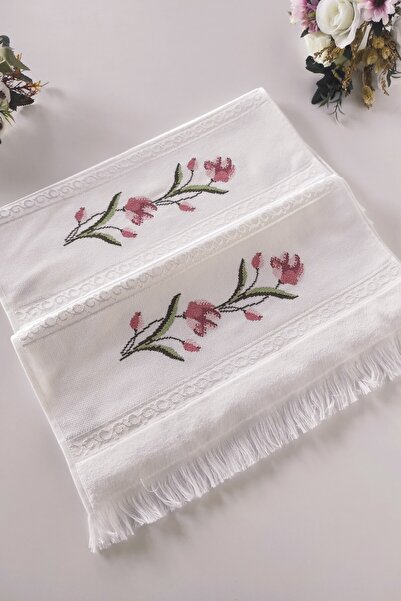 Sevim Cross Stitch Embroidered Rose Velvet Hand Face Towel Set of 2 - 50X90 cm - White
