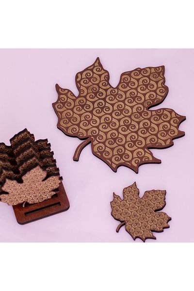 HippoDeco Birch Wood Leaf Patterned Trivet and Set of 6 Coasters - Authentic - Nostalgic