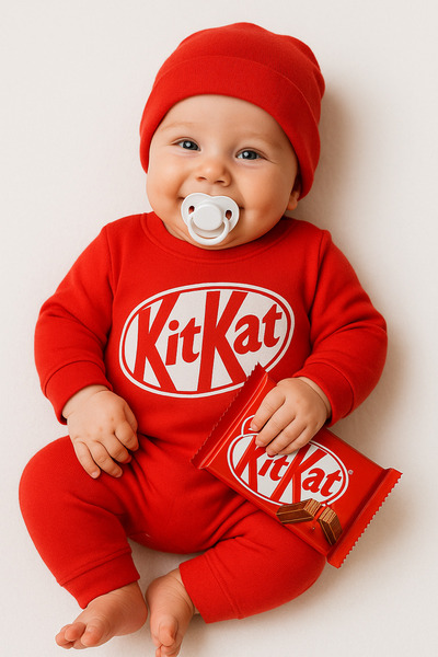 VERONA TARZ Baby Girl and Boy Long Sleeve Kitkat Chocolate Themed Jumpsuit with Hat 2 Piece Newborn Outfit Without Booties