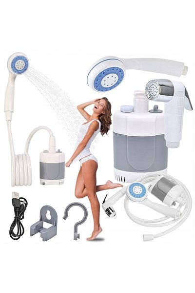 zola Dus portabil cu pompa electrica, 2 capete, lanterna, 2200mAh, furtun 1.7m, alb