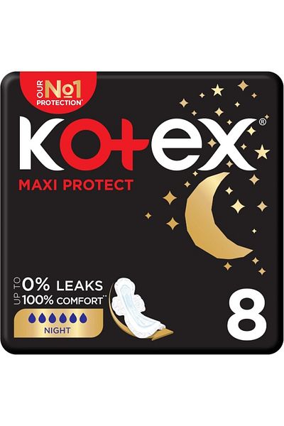 Kotex فوط ماكسي بروتيكت السميكة، فوط صحية للحماية الليلية بأجنحة، 8 فوط صحية