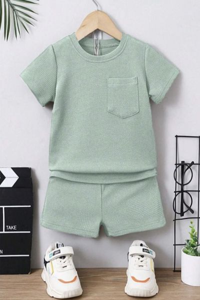 Bubito Waffle Visual Pocket Detailed Cotton Summer Baby Kids Shorts Set-Light Green