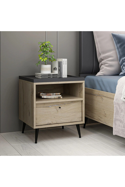 Furnitime Raflı ve Tek Çekmeceli Komodin - Senza Ceviz Renk
