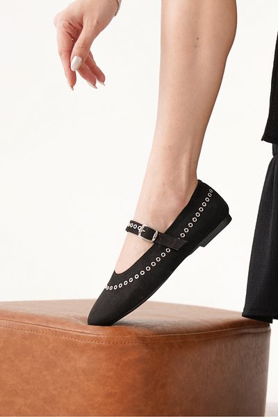 Moda Değirmeni Balerini clasici cu talpă plată pentru femei din piele intoarsa neagra MD1165-111-0001