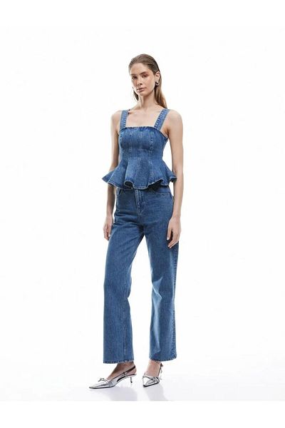 Koton X Sima Tarkan - Thick Strap Pleated Square Collar Slim Fit Flounces Denim Blouse 999.99 Tl