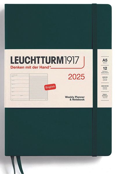 Leuchtturm1917 Pocket Size (A5) 12 Monthly Agenda and Notepad 2025 Hard Cover, English, Forest Green