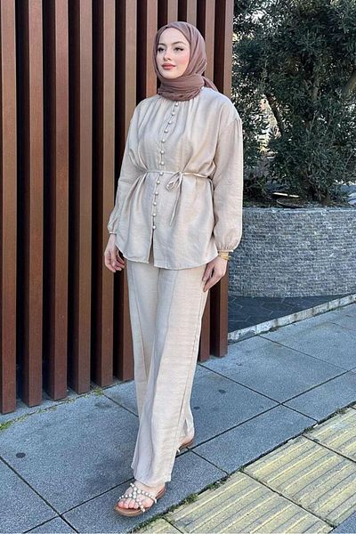 Miraydın Butik Women's Birit Buttoned Trousers Suit M15807 - Beige
