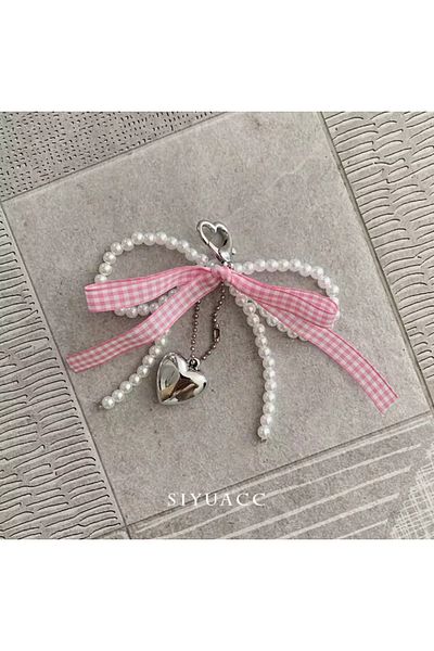 synshop Pearl Heart Pink Keychain Shoe Phone Bag Ornament Carm Accessory Ribbon Ribbon